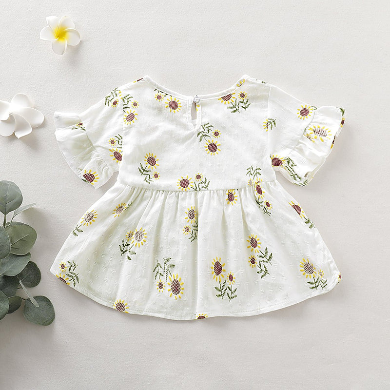 Toddler Girl Round Neck Sunflower Embroidered Skirt Flare Sleeve Dress - PrettyKid