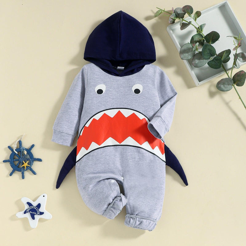 Baby Boys Hooded Shark Long Sleeve Jumpsuit - PrettyKid