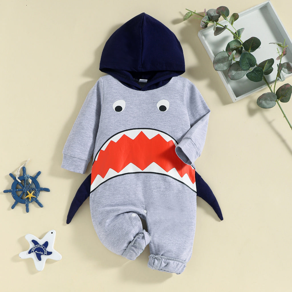 Baby Boys Hooded Shark Long Sleeve Jumpsuit - PrettyKid
