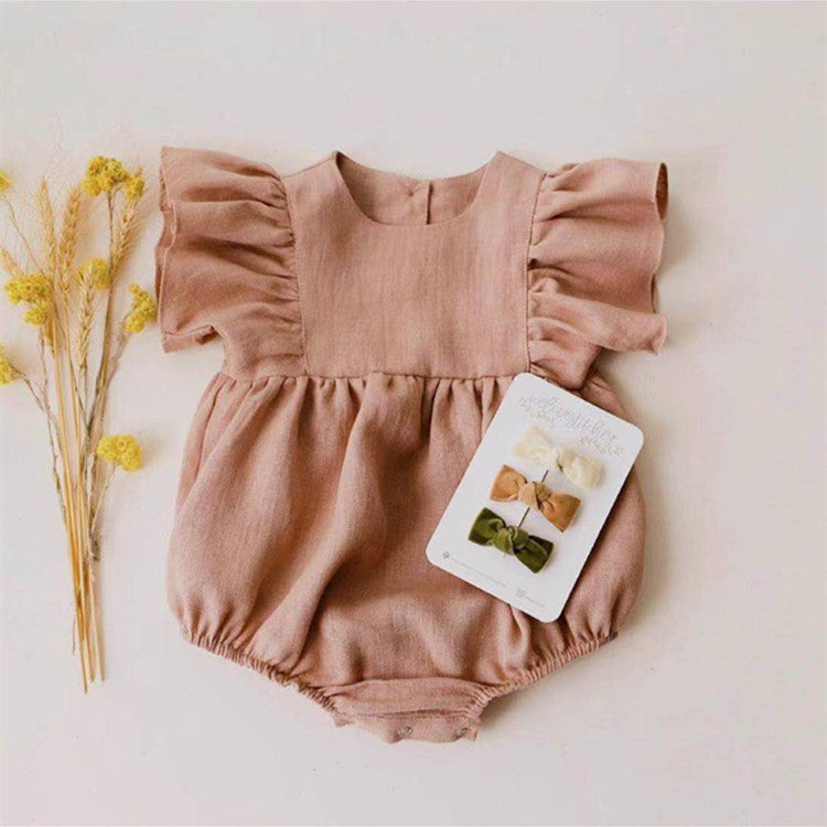 3-24M Baby Girls Plain Flutter Sleeve Cotton Linen Bodysuit Baby Clothes In Bulk - PrettyKid