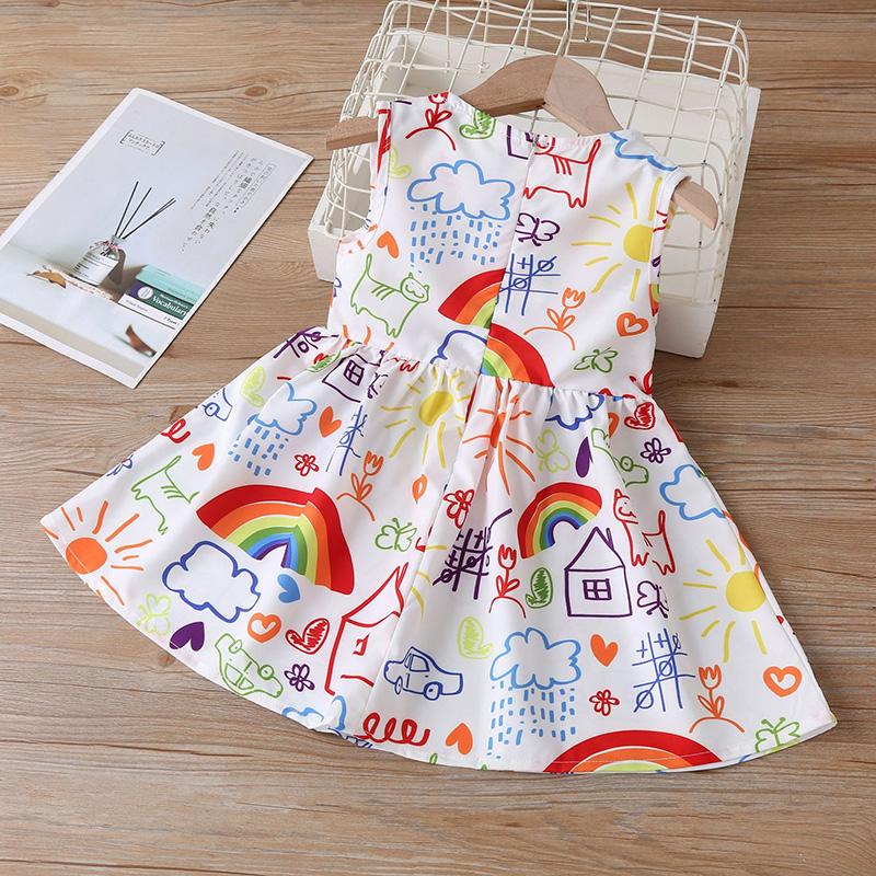 Toddler Girl Hand Drawn Rainbow Print Dress - PrettyKid