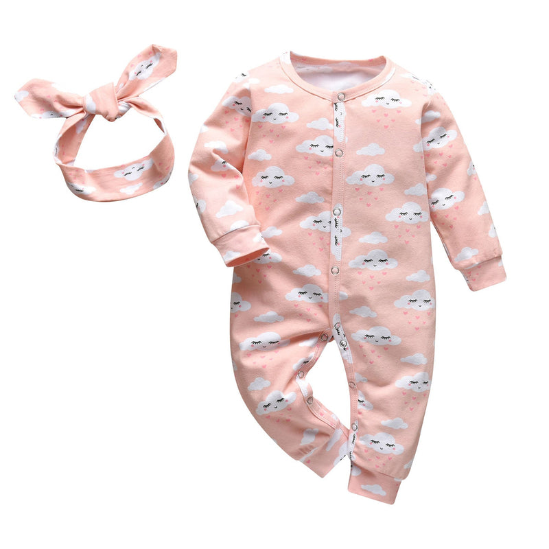 Cloud Printing Baby Girl Jumpsuit With Headband - PrettyKid