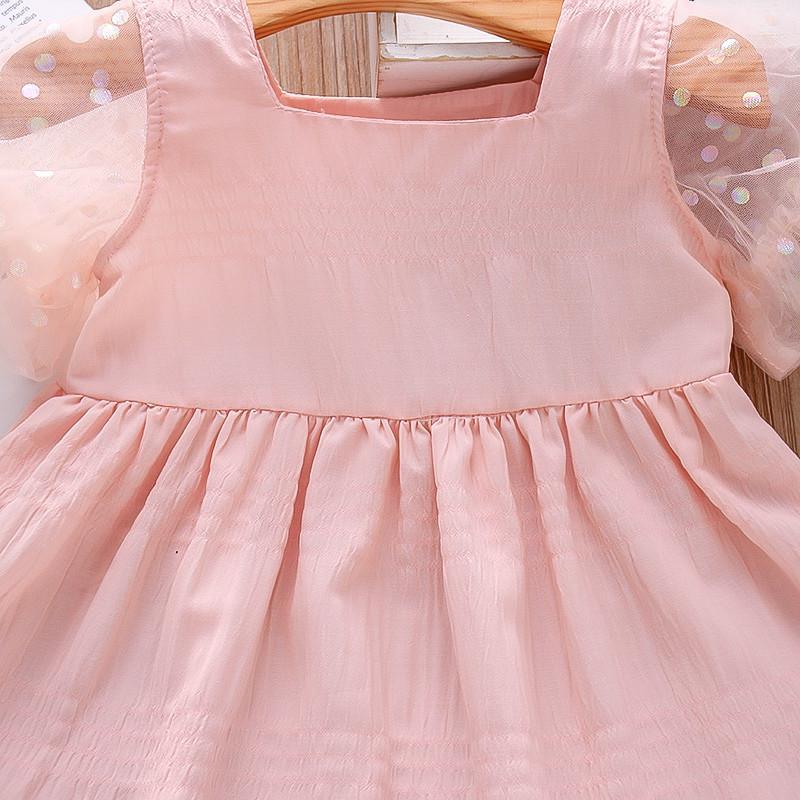 Toddler Girl Pink Mesh Puff Sleeve Jacquard Fabric Dress Children's Clothing - PrettyKid