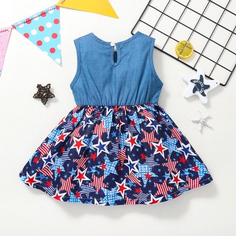 Toddler Girl Independence Day Pentagram Print Ruffle Trim Dress - PrettyKid