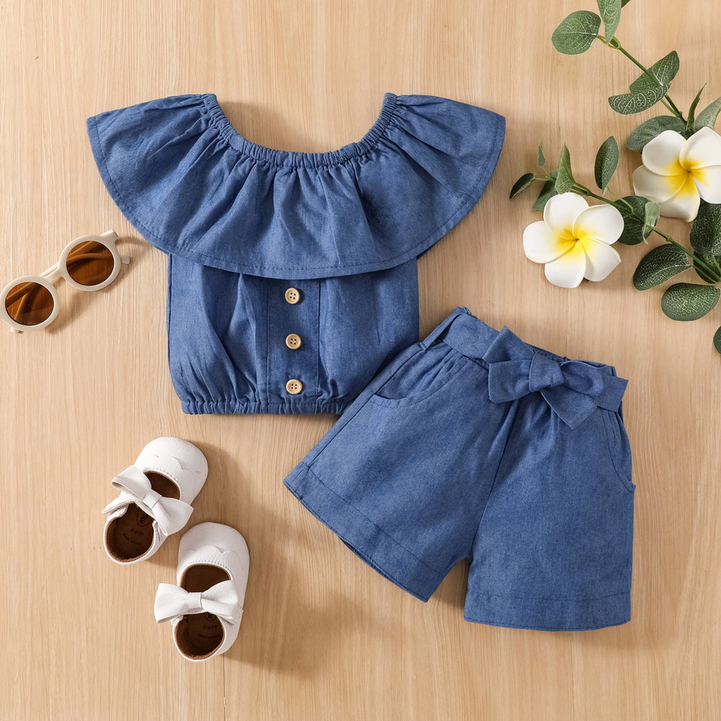 18months-6years Toddler Girl Sets Girls Children's Denim Off-The-Shoulder Ruffle Top And Shorts Set - PrettyKid