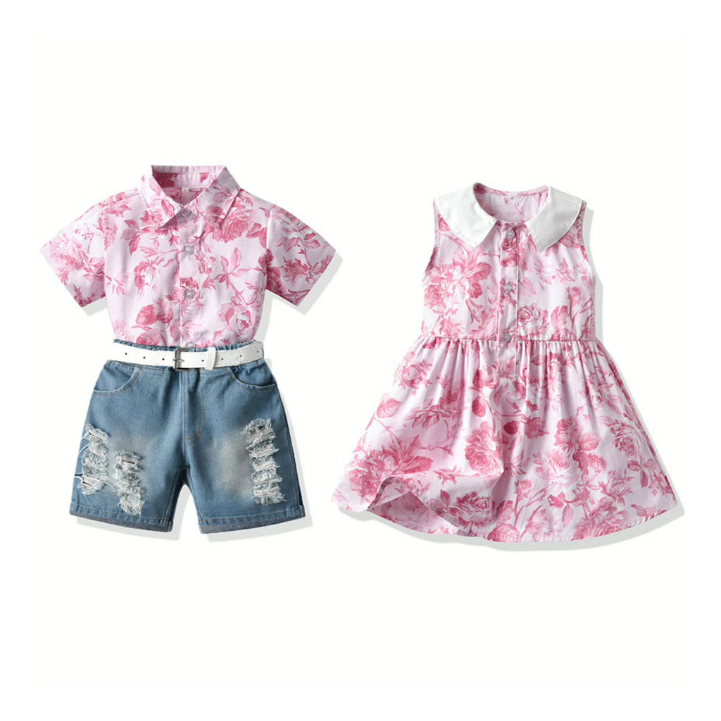 Boy & Girls Pink Flower Lapel Shirts & Dresses And Ripped Denim Shorts Wholesale Toddler Clothing - PrettyKid