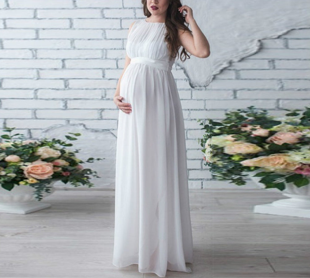 Solid Color Sleeveless Round Neck Belt Waist Photo Long Maternity Chiffon Dress - PrettyKid