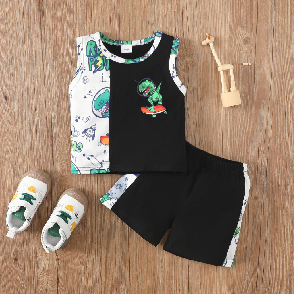 Baby Boy Colorblock Dinosaur Vest And Shorts Baby Boy Tracksuit Set - PrettyKid