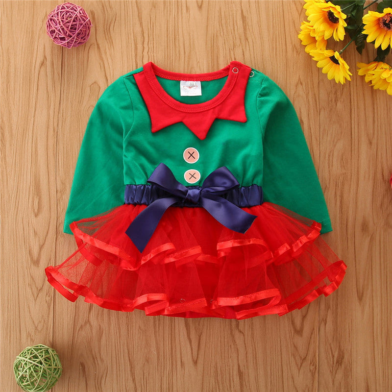 Christmas Colorblock Bow Mesh Baby Girl One Piece Jumpsuit - PrettyKid