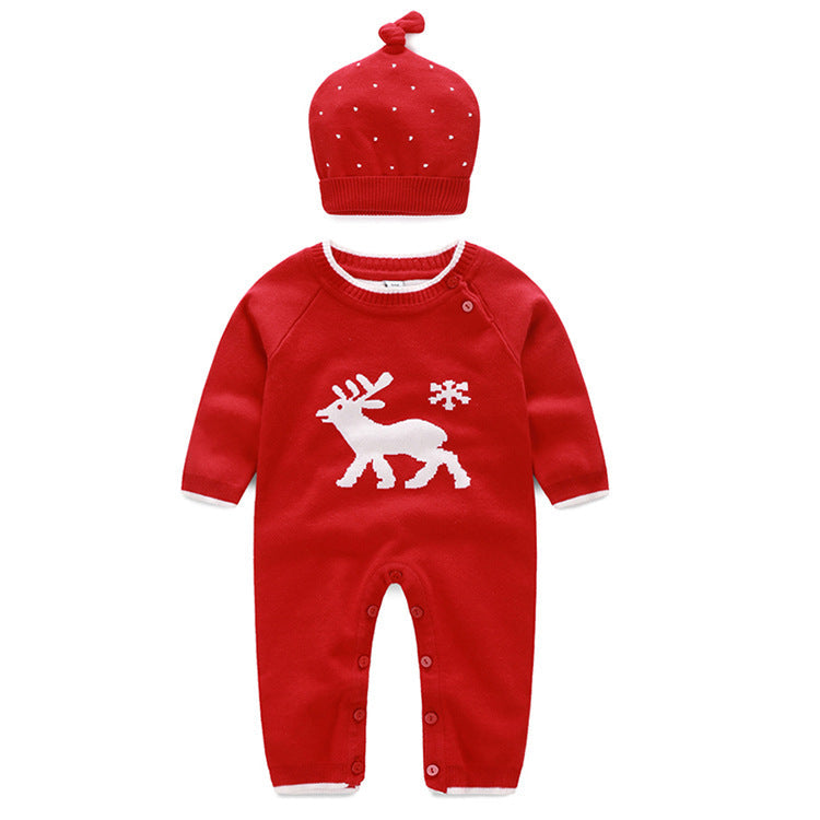 Christmas Elk Pattern Long Sleeve Jumpsuit Baby With Hat - PrettyKid