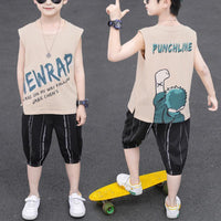 Boy Letter Print Loose Tank & Striped Knee Length Shorts - PrettyKid