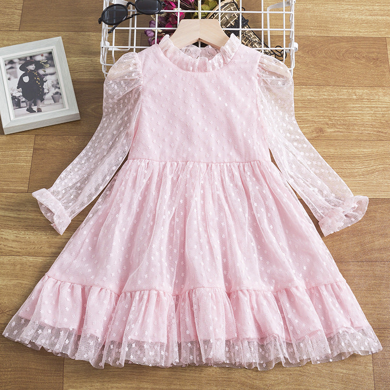 2-7Y Toddler Girls Dresses Swiss Dots Long Sleeve Mesh Fashion Girl Wholesale - PrettyKid