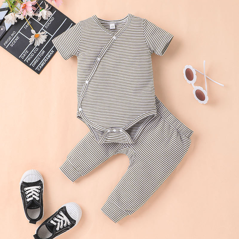 Baby Boy Short Sleeve Striped Bodysuit And Pants Baby Outfit Sets - PrettyKid