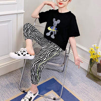 Girl Bear Pattern T-shirt & Zebra Stripe Print Pants - PrettyKid