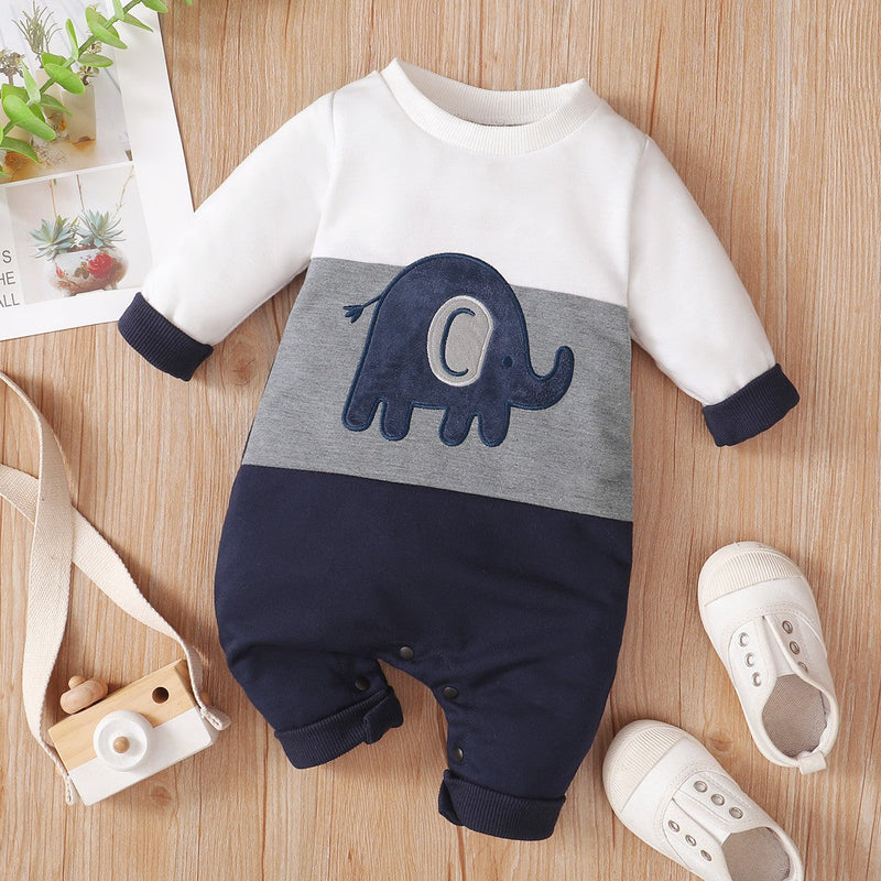 Baby Boy Casual Color-block Elephant Pattern Long Sleeve Jumpsuit - PrettyKid