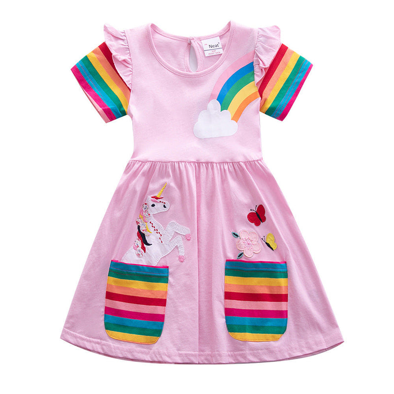 3-8Y Kid Girls Short Sleeve Unicorn Rainbow Dresses Wholesale Kids Boutique Clothing - PrettyKid