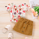 Baby Girl Puff Sleeve Floral Top And Bow Skirt Two Piece Baby Sets - PrettyKid