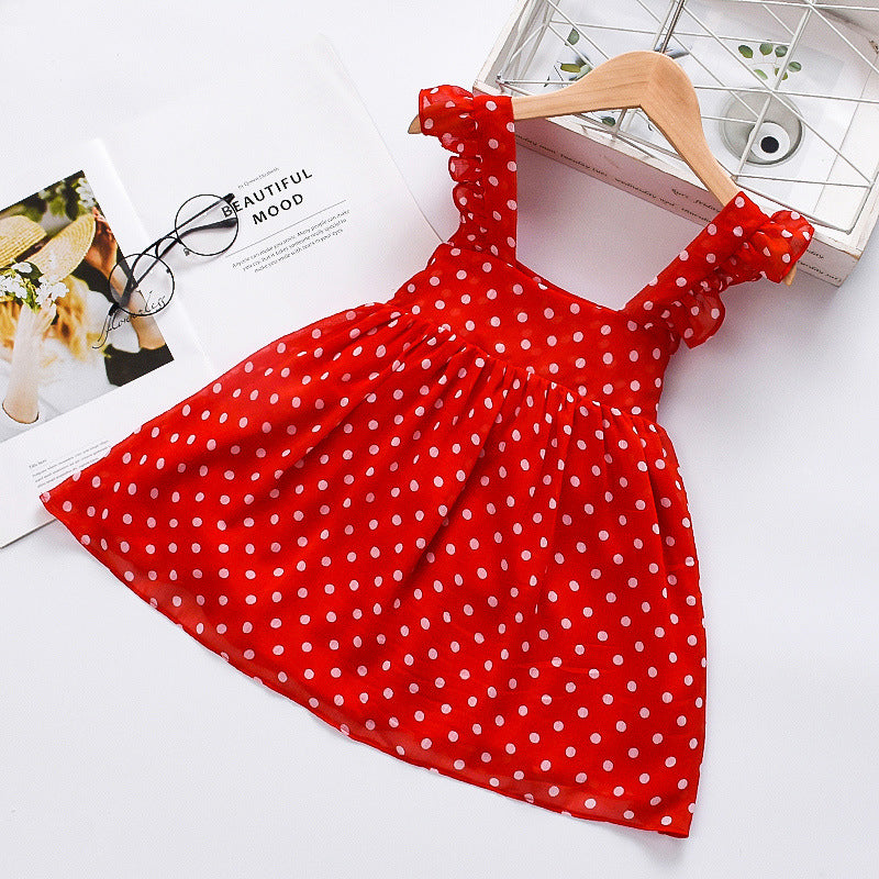 Baby Girls Square Neck Polka Dot Flying Sleeves Cami Dresses Wholesale Baby Girl Clothes - PrettyKid