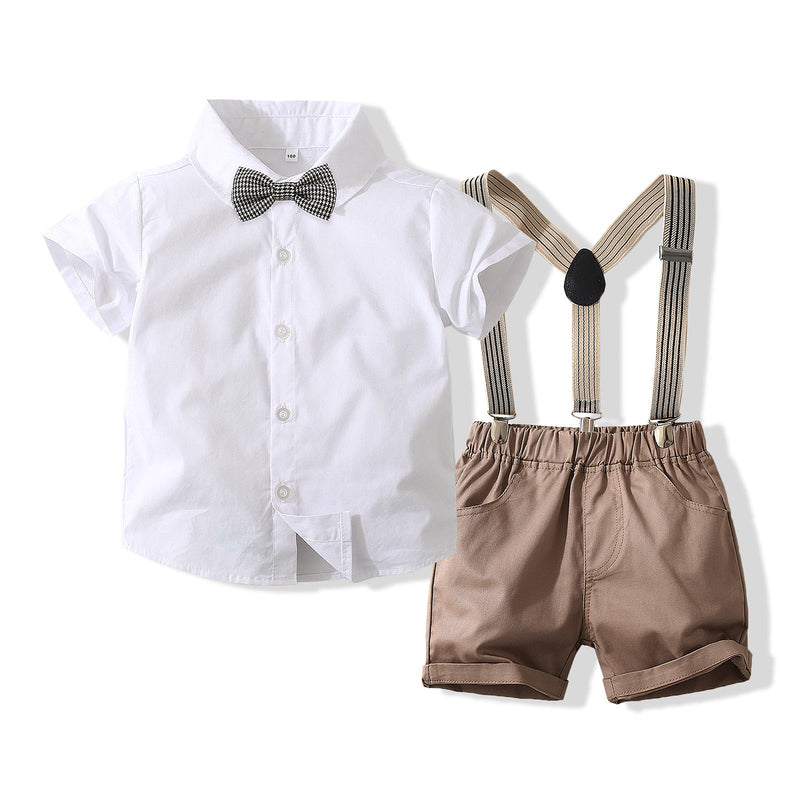 9M-5Y Bow Short Sleeve Shirt Suspenders Toddler Boys Suit Sets Wholesale Boys Clothing - PrettyKid