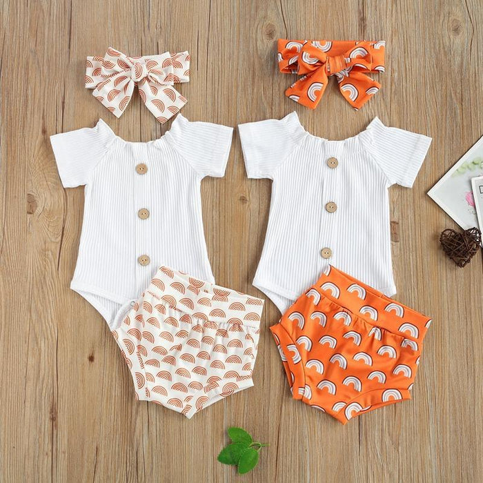 Baby Girl 3pcs Rainbow Pattern Suit Babysuit & Shorts & Headhand - PrettyKid