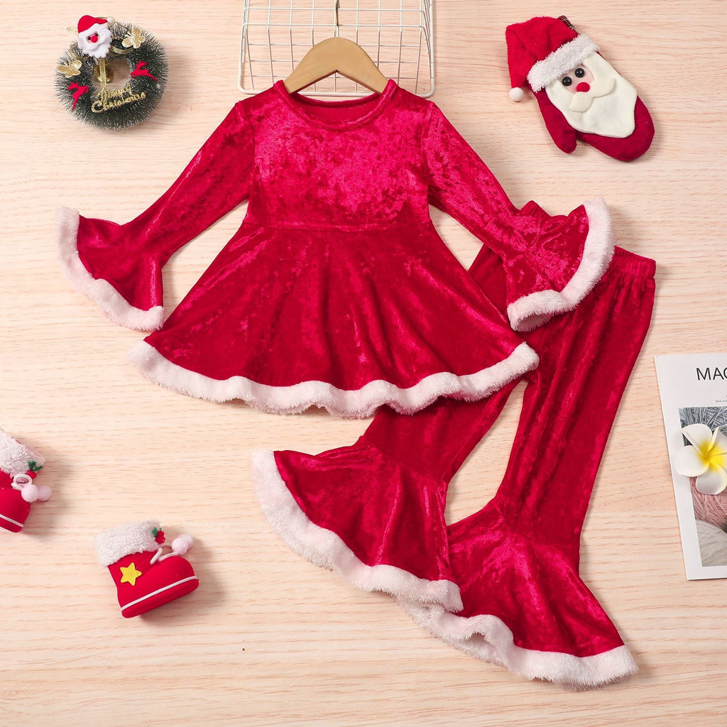 Christmas Velvet Flared Sleeves Top & Pants Little Girl Fall Clothes Sets - PrettyKid