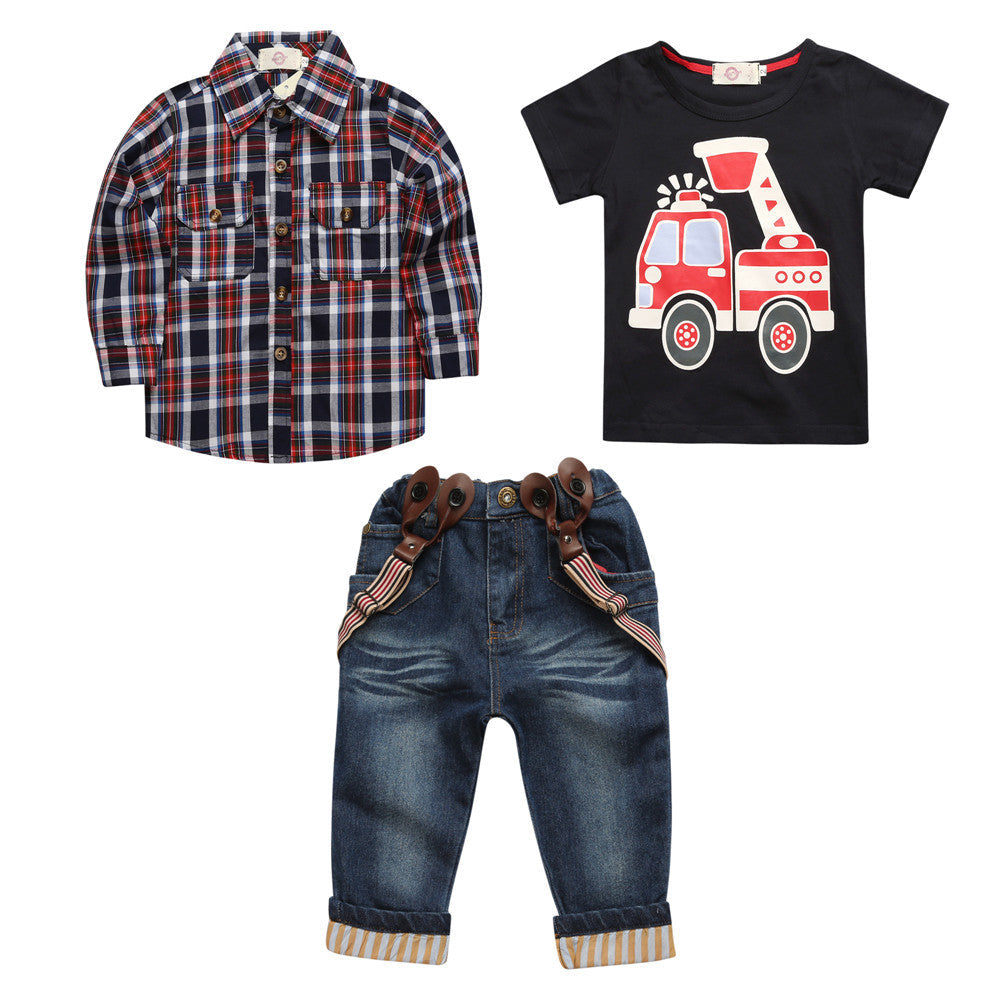 Boys Gentle Car Pattern T-Shirt Plaid Shirt And Overalls Wholesale Toddler Boy Sets - PrettyKid