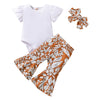 3-24M Plain Short Sleeve Bodysuit Print Flared Pants Set Headband Wholesale Baby Clothes - PrettyKid