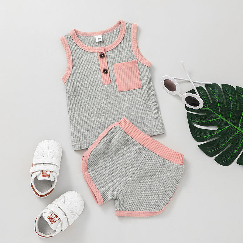 Colorblock Ribbed Vest And Sports Shorts Two Piece Baby Sets - PrettyKid