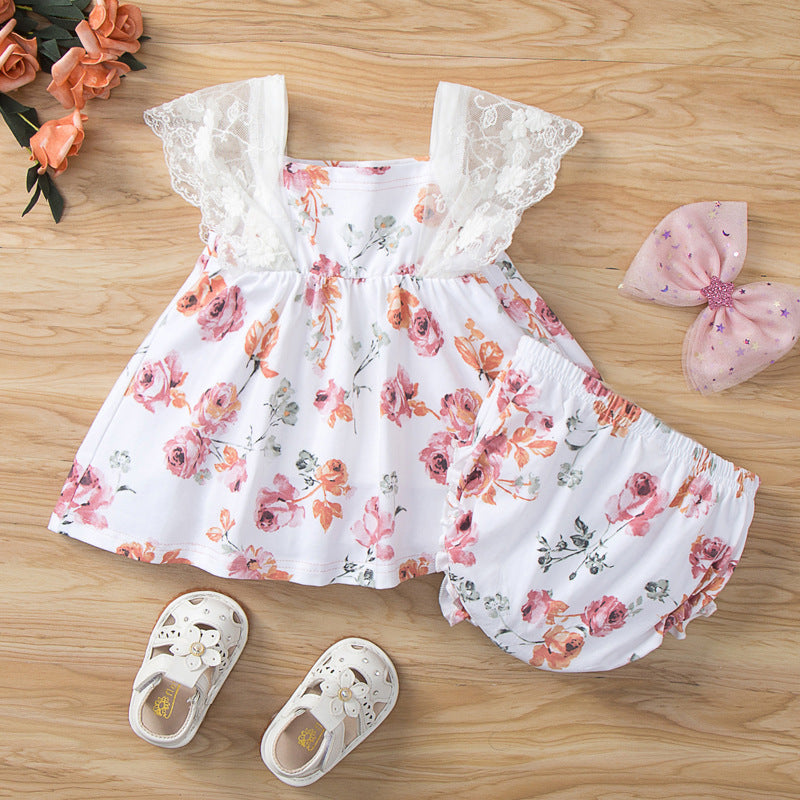 6M-3Y 2 Piece Sets For Girls Lolita Lace Sling Patchwork Print Head Flower Wholesale Baby Clothes - PrettyKid