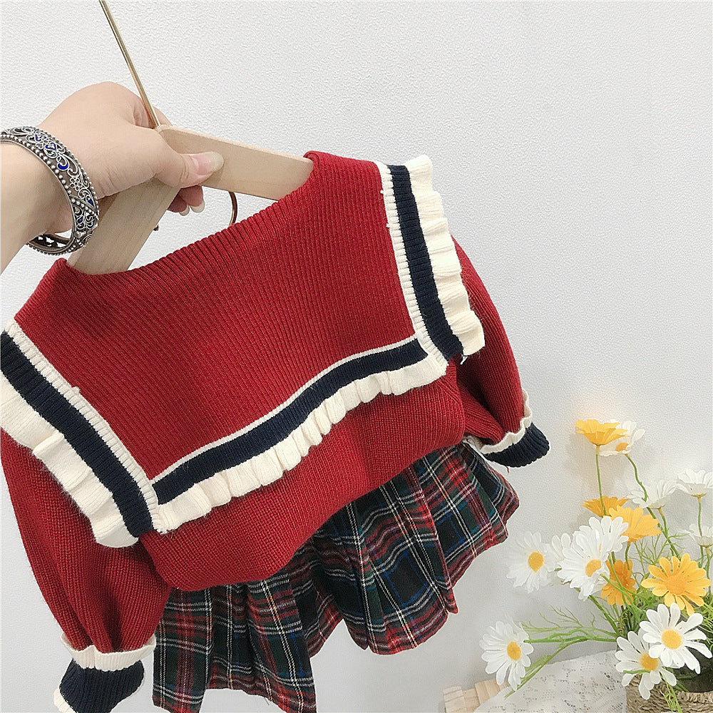 Bowknot Lapel Collar Sailor Suit And Plaid Pleated Skirt Girl Toddler Clothing Sets - PrettyKid