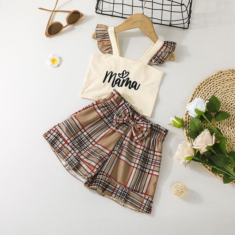 6M-3Y Baby Girls Sets Letter Flutter Sleeve Tops & Plaid Shorts Wholesale Baby Boutique Clothing - PrettyKid