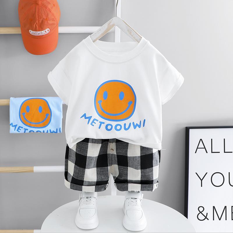 2pcs Fashion Color-block Smile Print T-shirt and Plaid Pants - PrettyKid