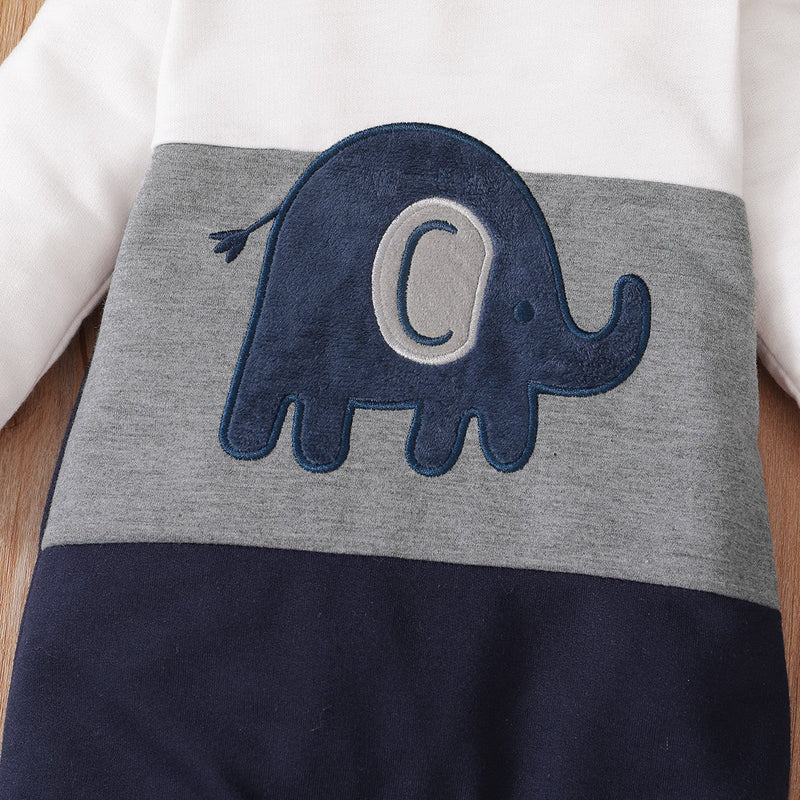 Baby Boy Casual Color-block Elephant Pattern Long Sleeve Jumpsuit - PrettyKid
