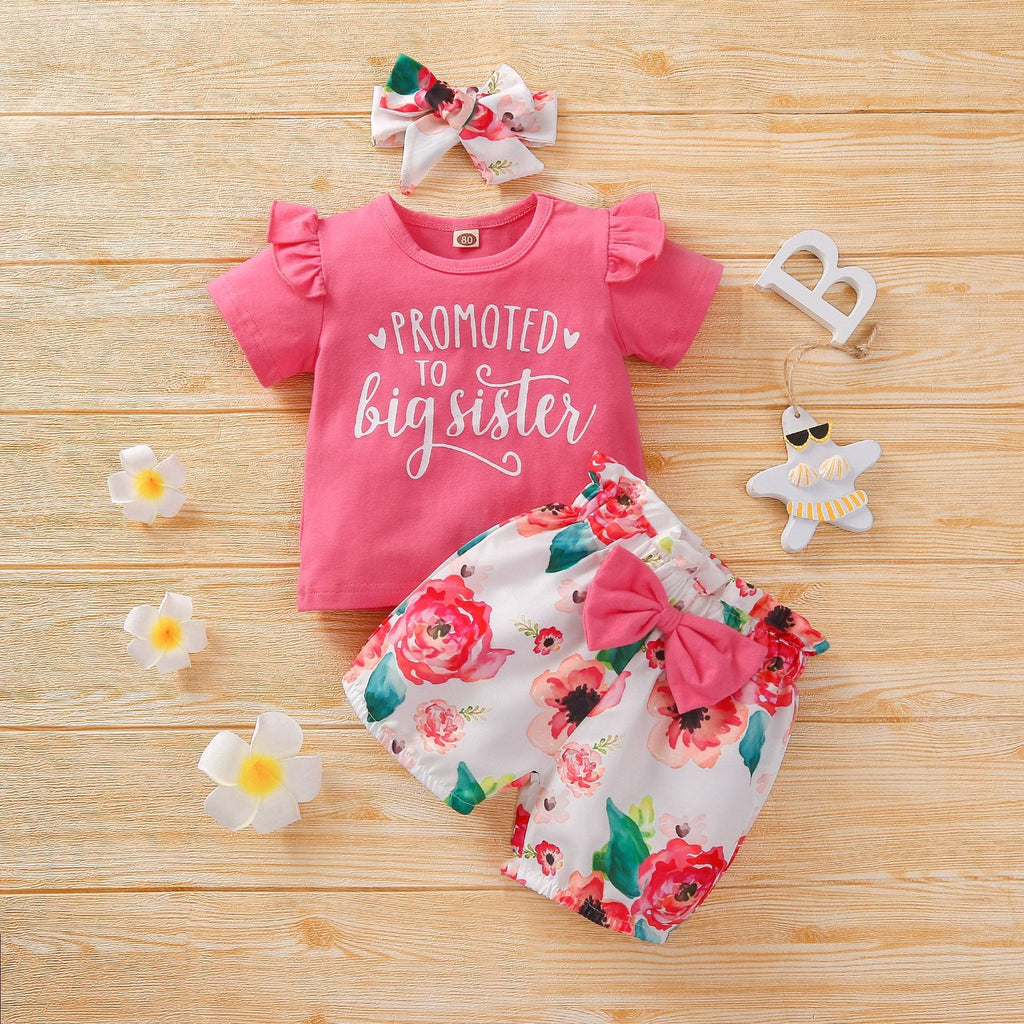 9M-3Y Baby Girl Clothing Sets Short Sleeve Letter Print Bow Headband Wholesale Baby Clothes - PrettyKid