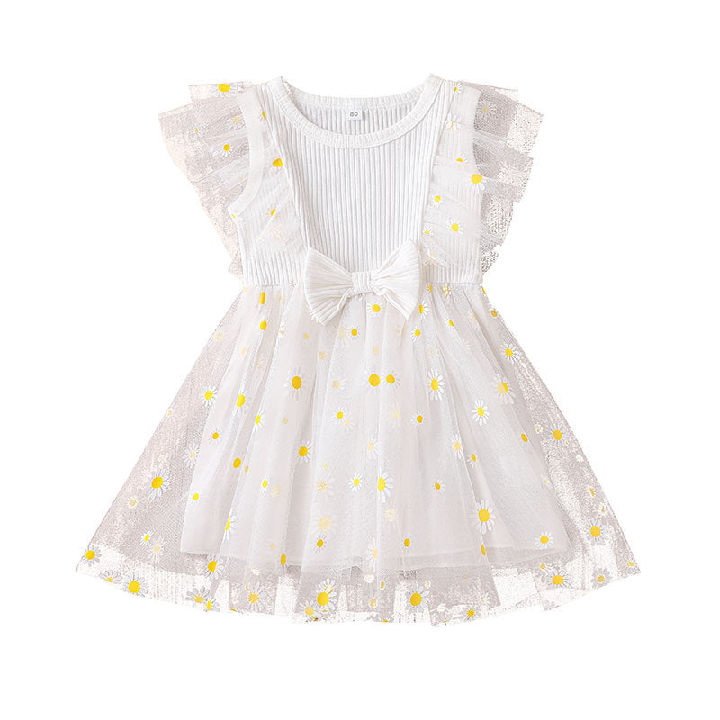 Baby Girl Lace-Trimmed Daisy-Print Mesh Dress Baby Girl Princess Dress - PrettyKid