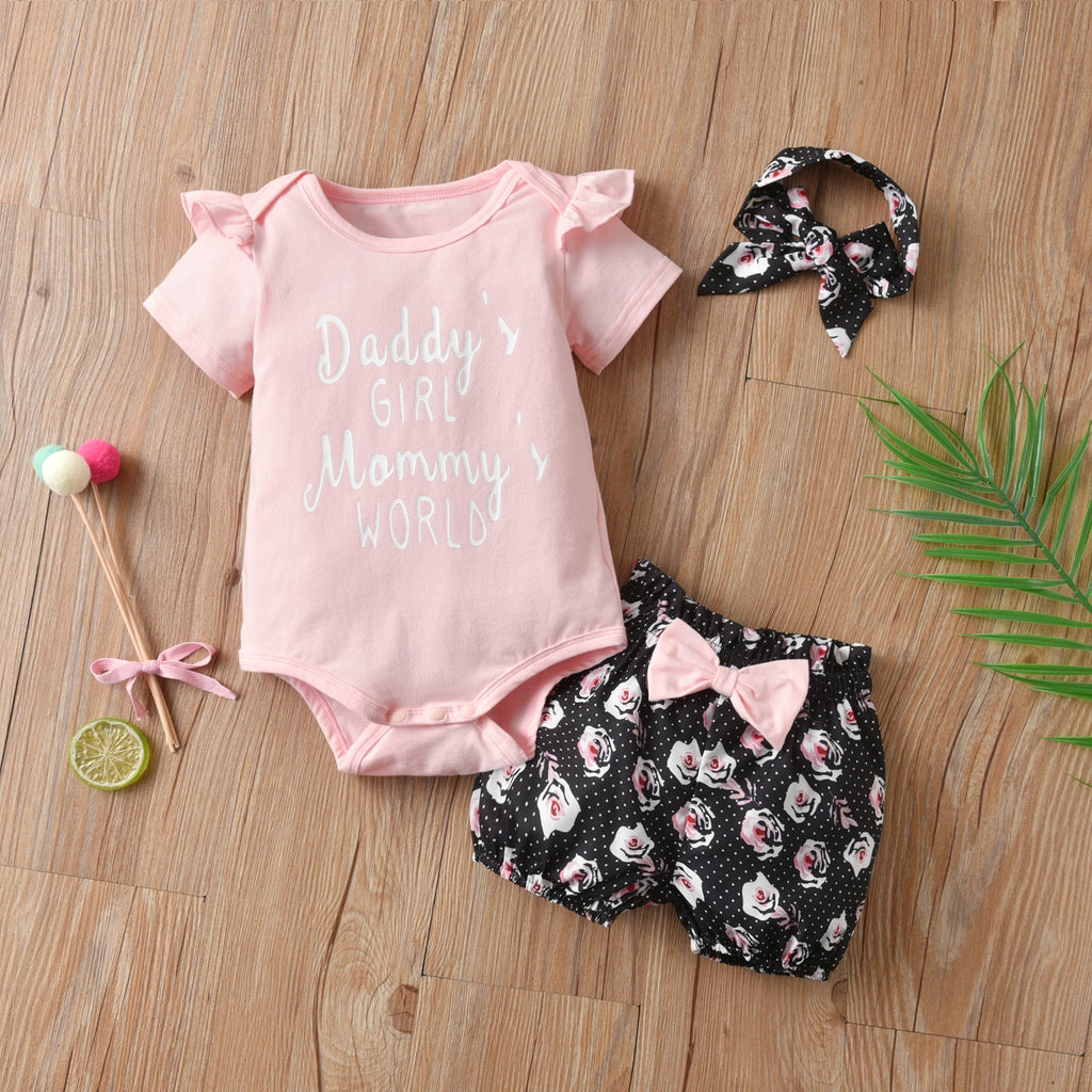 0-18M Baby Girl Outfit Sets Letter Print Short Sleeve Bow Headband Baby Clothes In Bulk - PrettyKid
