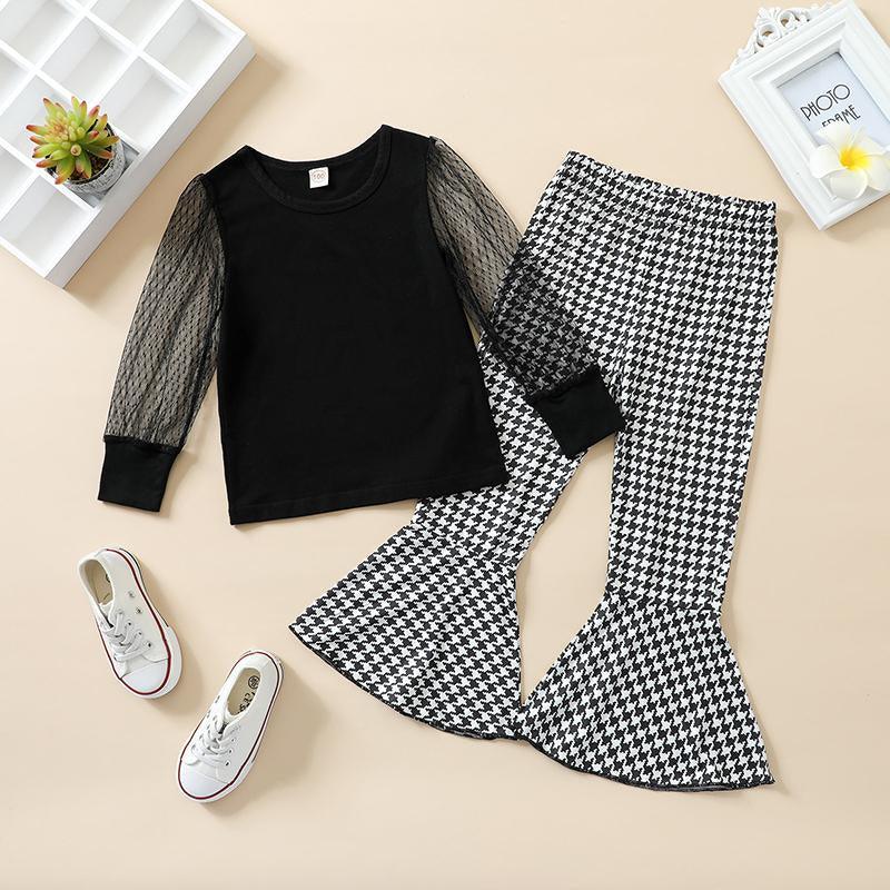 unbranded baby clothes wholesale Toddler Girl Grenadine Patchwork Top & Houndstooth Flare Pants Wholesale Children's Clothing - PrettyKid