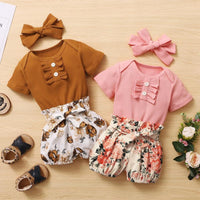 Baby Girl 3pcs Floral Pattern Suit T-Shirt & Short & Headhand - PrettyKid