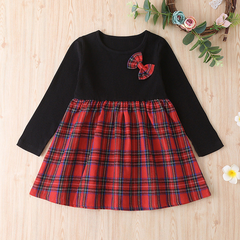 Bow Red Plaid Wholesale Girls Christmas Dresses - PrettyKid