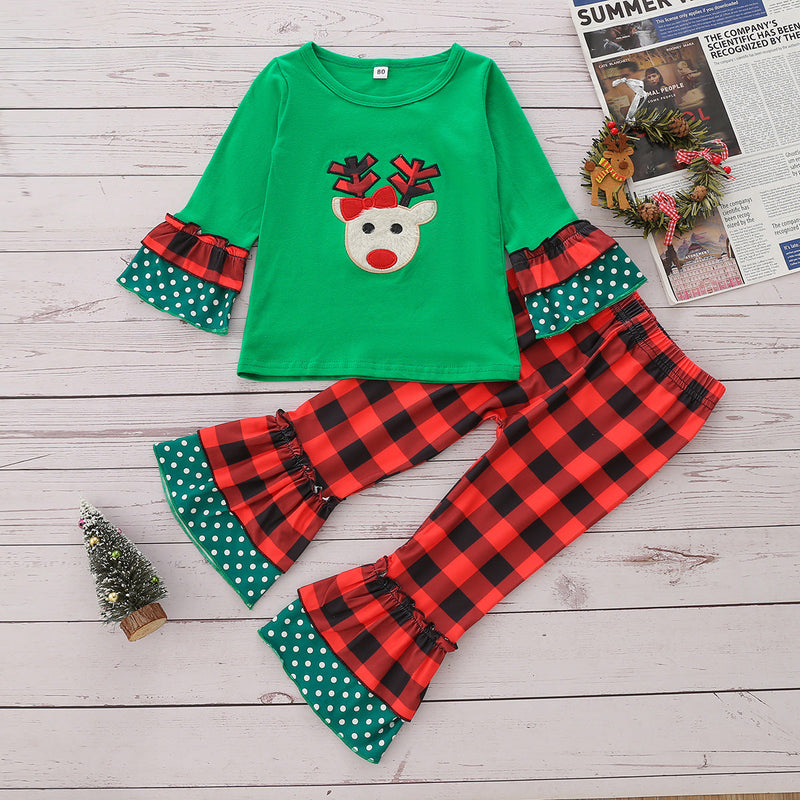 Christmas Elk Pattern Top And Check Bell Bottom Pants Toddler Girl Clothing Sets - PrettyKid