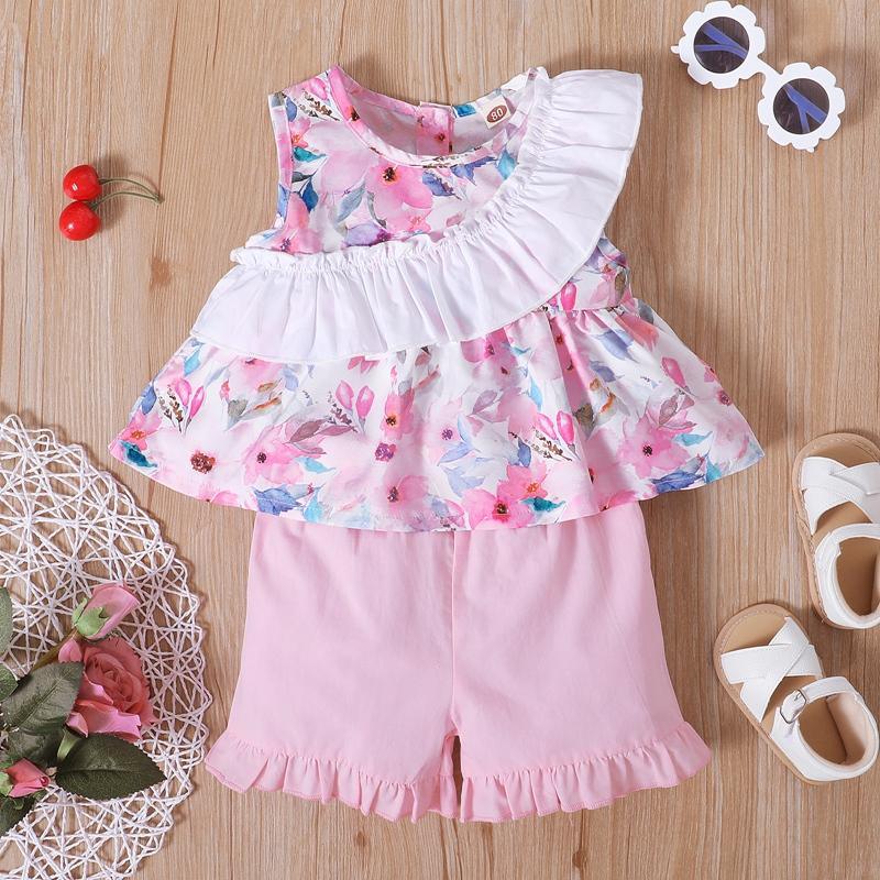 Toddler Girl Ruffle Trim Sleeveless Floral Top & Shorts - PrettyKid