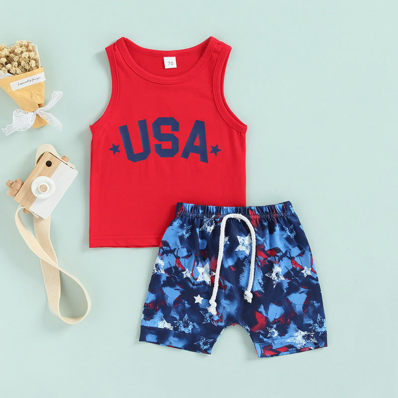 3M-3Y Letter Print Tank Top Stars Shorts Baby Boy Clothing Sets Wholesale Baby Clothes - PrettyKid