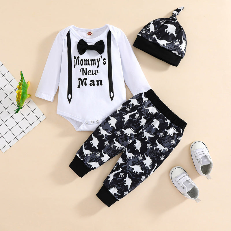 6M-3Y Baby Boys Sets Little Man Dinosaur Print Bodysuit & Pants & Hats Wholesale Baby Clothing - PrettyKid
