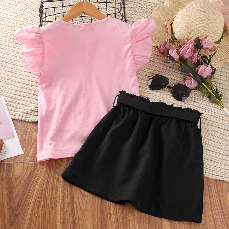 4-12Y Kid Girl Clothes Sets Flutter Sleeve Bow Top & Skirts Kids Clothes Wholesale - PrettyKid