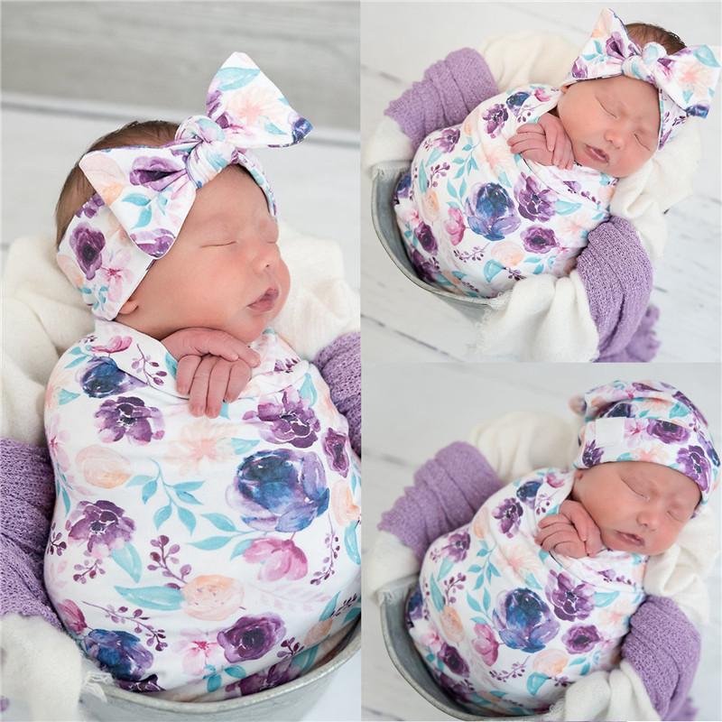 3-piece Floral Printed Baby Photographic Clothing & Hat & Headband - PrettyKid