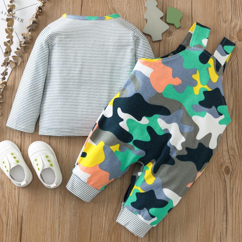 2-piece Striped Long Sleeve T-shirt & Camouflage Bib Pants for Baby - PrettyKid