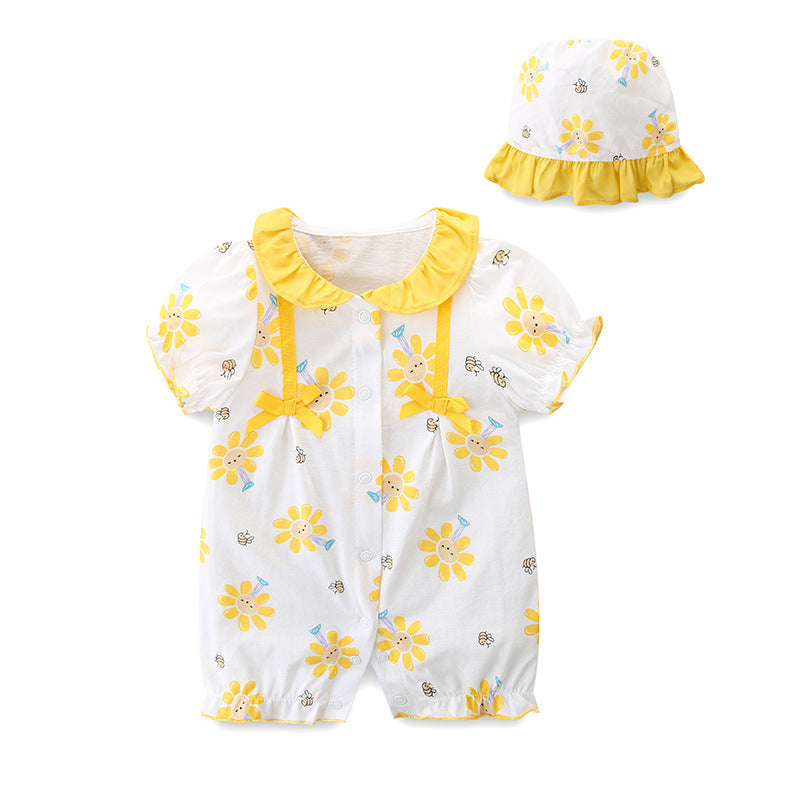 0-18M Short-Sleeved Thin Buttoned Fungus Hat Baby Girl Jumpsuit Wholesale Baby Clothes - PrettyKid