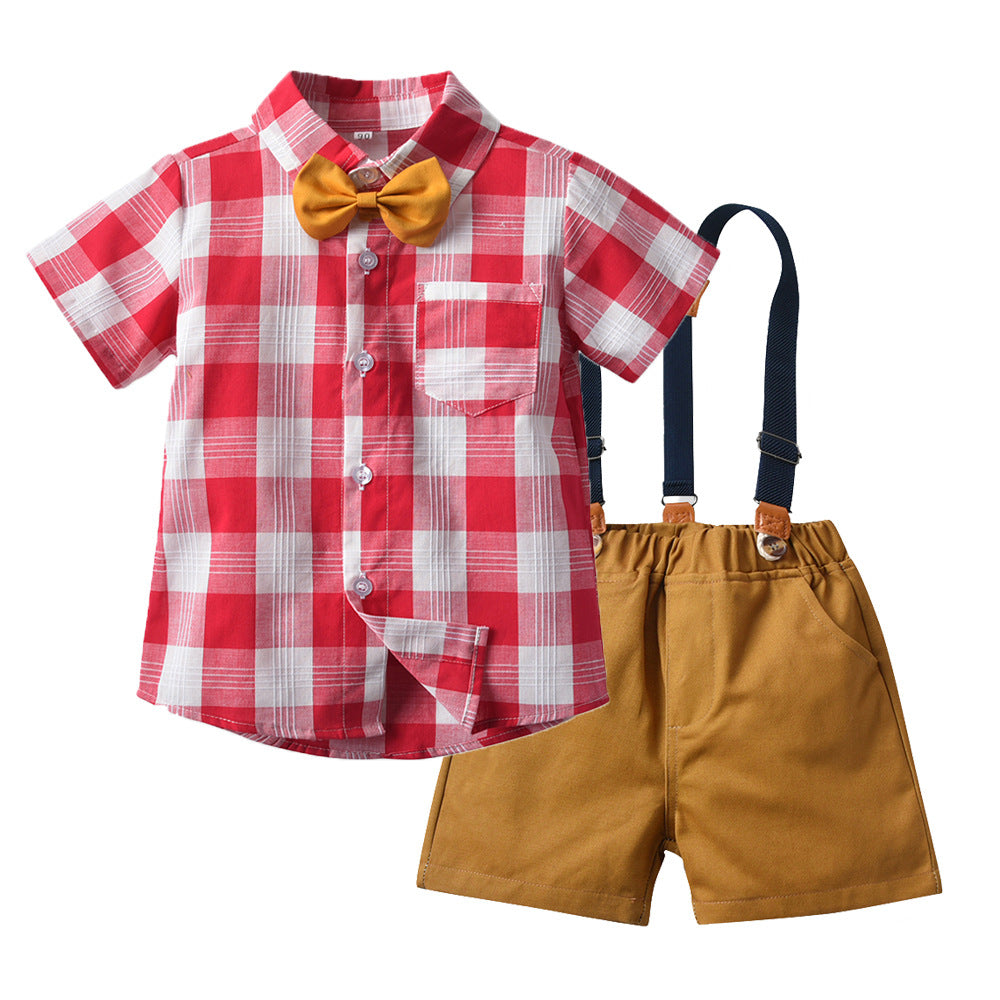 Boys Plaid Single Breasted Shirt Bow Tie And Suspender Shorts Wholesale Toddler Boy Sets - PrettyKid