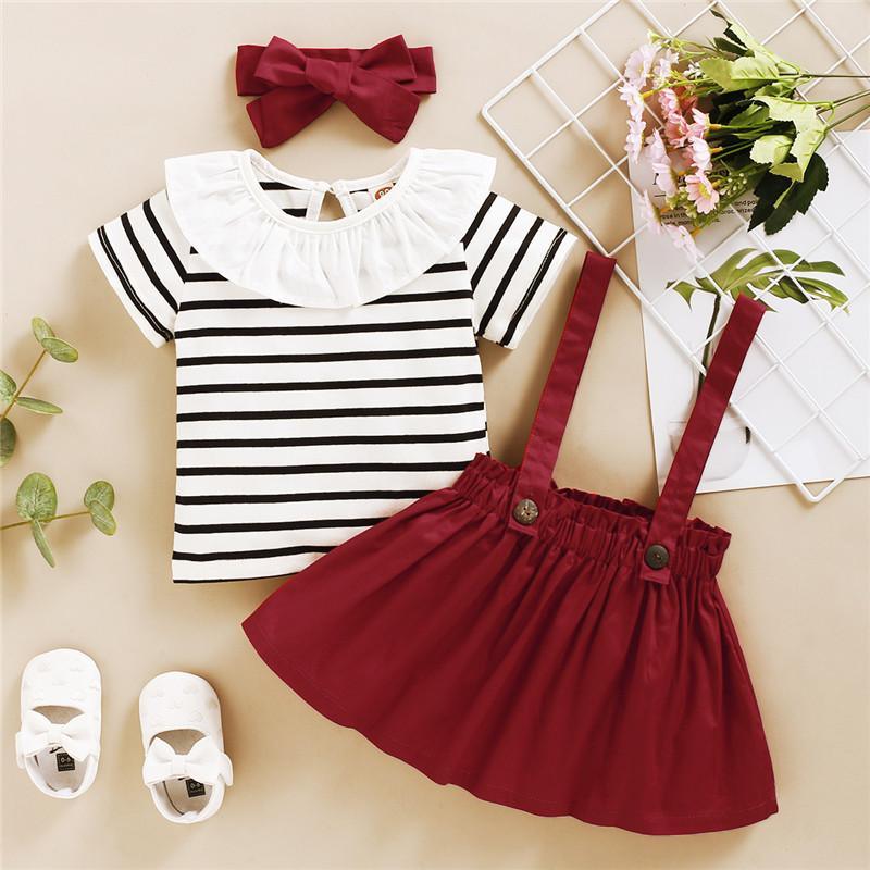 3-piece Striped T-shirt & Solid Dungarees & Headband for Toddler Girl Wholesale children's clothing - PrettyKid