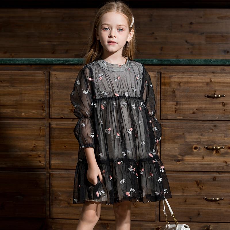 trendy children's clothes wholesale Kid Girl Plant Print Mesh Dress - PrettyKid